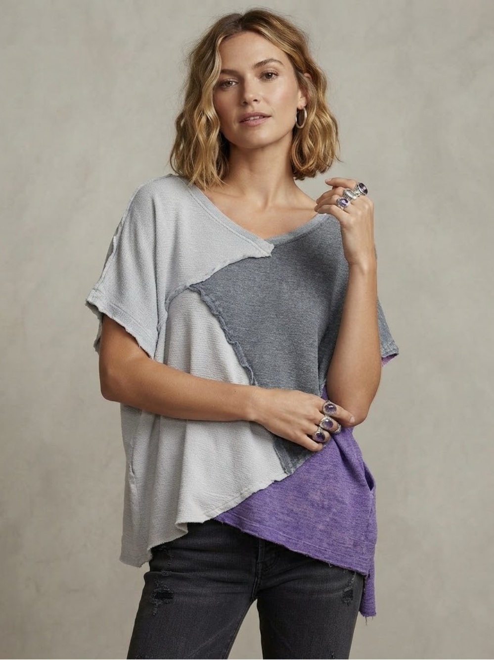 NWOT Oli & Hali Mineral Wash Colorblock Patchwork Knit Top Oversized Large